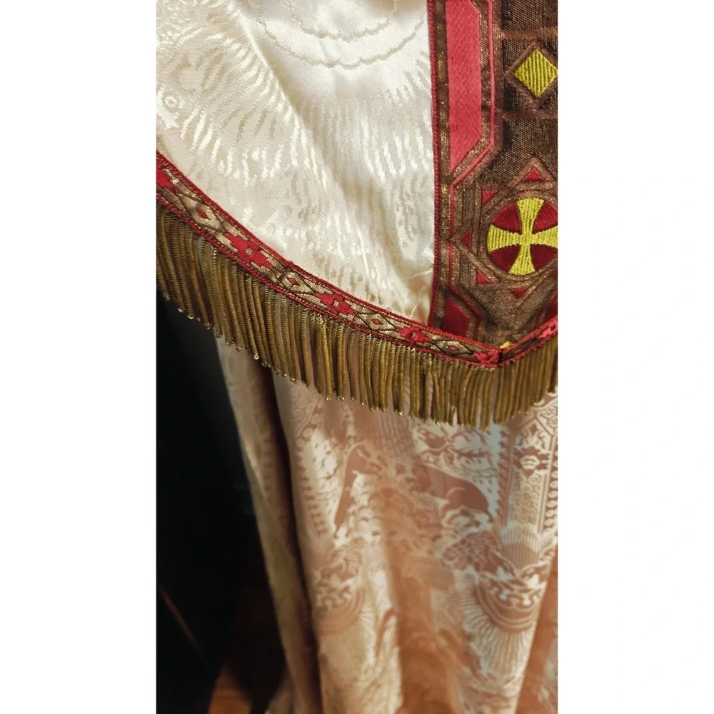 Antique Gothic Liturgical Chausable Cope Hand Painted Gold Boullion Fringe Silk